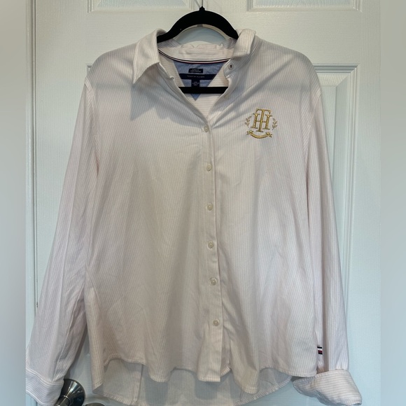 Tommy Hilfiger Pink White Striped Button Down Shirt with Gold Embroidered Logo - Picture 14 of 14
